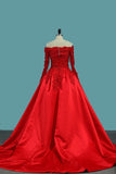 2024 Long Sleeves Satin Ball Gown Off The Shoulder Prom Dresses With Applique PKEGFGAK