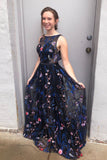Gorgeous A Line Bateau Blue Floral Tulle Long Prom Dresses, Cheap Formal Dresses STG15234