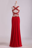 2024 Open Back Prom Dresses Two Pieces Spandex With Beads And Slit PRKBJL1T