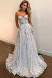A Line Sweetheart Strapless Sweep Train Lace Pockets Wedding Dress with Sequins STG15036