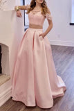 Two Piece Off the Shoulder Blush Pink Prom Dresses with Pockets, Long Lace Prom Gowns STG15445