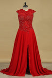 2024 Prom Dresses A Line Scoop Chiffon Sweep Train With Slit And Applique PAN432A5