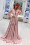 2024 Dusty Rose V-Neck Lace Prom Dresses Long Sleeve Prom Dresses PJA3TMET