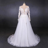 Long Sleeves White A-line Tulle Beach Wedding Dresses with Lace Appliques, Bridal Dress STG15255