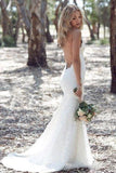 Sexy Spaghetti Straps Mermaid Lace Ivory Wedding Dresses, V Neck Beach Wedding Gowns STG15359