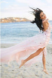 Boho Halter Backless Light Pink Chiffon Beach Wedding Dresses with Appliques Ruffles STG15082
