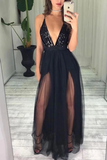 Sexy Black Sequins And Tulle Spaghetti Straps Deep V Neck Simple Floor Length Prom STGPBMGFG1D