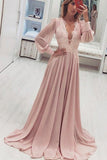 A Line V Neck Long Sleeve Pink Chiffon Prom Dress With Appliques Long Evening Dress