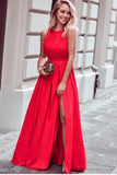 A line Red High Slit Prom Dresses Scoop Ruffles Floor Length Evening Dresses