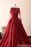 trendproms.me Modest Elegant Burgundy Scoop Neck Long Sleeves Ball Gown Prom Dresses With Appliques