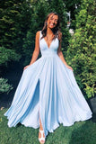 Deep V Neck Blue Long Prom Dresses Simple Bridesmaid Dresses