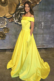Pretty Simple A-line Yellow Satin Long Prom Dresses For Teens Party Dresses With Pockets