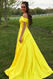 Pretty Simple A-line Yellow Satin Long Prom Dresses For Teens Party Dresses With Pockets