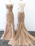 Mermaid Lace Appliques Spaghetti Straps Criss Cross Prom Dresses Long Evening Dress