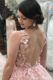 Pink V Neck Tulle Prom Dresses with Appliques Open Back Ball Gown