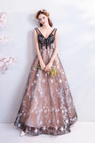 Princess A Line V Neck Applique Prom Dresses with Stars, Lace up Evening Dresses STG15286