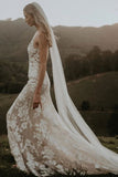 Princess Mermaid V Neck Lace Appliques Ivory Wedding Dresses, Straps V Back Wedding Gowns STG15300