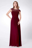 Elegant A Line Cap Sleeve Burgundy Lace Prom Dresses with Chiffon, Bridesmaid Dresses STG15145