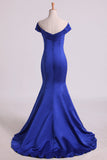 2024 Prom Dresses Off The Shoulder Satin Mermaid Dark Royal Blue Sweep PLDZD9FK