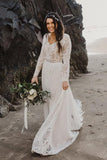 Charming A Line Long Sleeves V Neck Lace Ivory Beach Wedding Dresses, Bridal STG20395