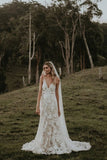 Princess Mermaid V Neck Lace Appliques Ivory Wedding Dresses, Straps V Back Wedding Gowns STG15300