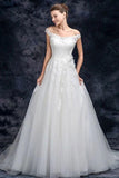 Off the Shoulder Tulle Wedding Dress with Lace Applique, A Line Long Bridal Dresses STG15273