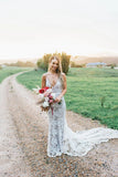 Rustic Lace Appliques V Neck Mermaid Wedding Dresses, Long Bridal Dresses STG15527