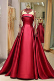 2024 Long Sleeve Prom Dresses High Neck Burgundy Long Prom Dress Satin PD41683A