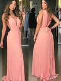 Elegant V Neck Chiffon Coral Straps V Neck Prom Dresses with Belt, Long Evening Dresses STG15212