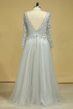 2024 Long Sleeves Prom Dresses Bateau With Slit & Embroidery Tulle Floor Length Plus PD9PETKJ