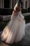 Princess Long Puff Sleeves Off the Shoulder Tulle Wedding Dresses, Beach Wedding Gowns STG15298