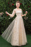 Princess A Line Long Sleeve Tulle Round Neck Evening Dress with Appliques, Prom Gowns STG15283