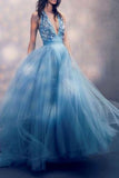 Sexy A Line Deep V Neck Tulle Prom Dresses with Sequins, Long Formal Dresses STG15326
