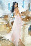 Boho Halter Backless Light Pink Chiffon Beach Wedding Dresses with Appliques Ruffles STG15082