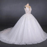 Princess Ball Gown Sheer Neck White Wedding Dresses Lace Appliqued Bridal Dresses STG15293