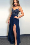 A Line Spaghetti Straps V Neck Chiffon Royal Blue Prom Dresses with Slit Beads Formal Dress STG15032