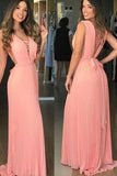Elegant V Neck Chiffon Coral Straps V Neck Prom Dresses with Belt, Long Evening Dresses STG15212