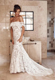 Elegant Off the Shoulder Ivory Lace Mermaid Beach Wedding Dress, Cheap Bridal Dress STG15188