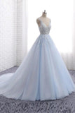 Princess Light Blue Long Ball Gown Lace Tulle Prom Dresses, V Neck Formal Dresses STG15297