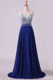 2024 Prom Dresses V Neck Beaded Bodice A Line Open Back Dark Royal Blue Chiffon PGY13NB4