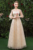 Princess A Line Long Sleeve Tulle Round Neck Evening Dress with Appliques, Prom Gowns STG15283