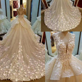 Lace Appliqued And Flowers Chapel Train Pretty Ball Gown Wedding Dresses