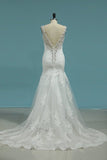 2024 Open Back Mermaid Wedding Dresses Spaghetti Straps Tulle With Applique P8Y38J9B