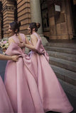 Ball Gown High Neck Satin V Neck Bridesmaid Dresses with Bowknot, Wedding Party Dress STG15559