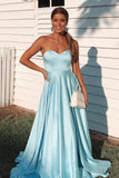 Simple A Line Sky Blue Sweetheart Satin Prom Dresses, Cheap Formal STG15670