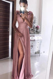 A Line Pink Chiffon V neck Prom Dresses with Split, Long Formal Dress With Handmade Flower STG15010