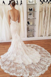 Elegant Spaghetti Straps Mermaid V Neck Lace Wedding Dresses Beach Bridal Dresses STG15202