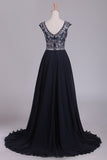 2024 Prom Dresses Scoop Cap Sleeves A Line Chiffon With Beads Sweep P6AY54T8