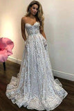 A Line Sweetheart Strapless Sweep Train Lace Pockets Wedding Dress with Sequins STG15036