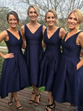 Elegant A-Line V-Neck Sleeveless Hi-Low Navy Blue Satin Bridesmaid Dress